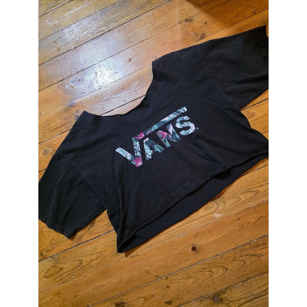 Vans Floral Logo Crop Top Black Off The Shoulder Distressed Graphic Tee Womens